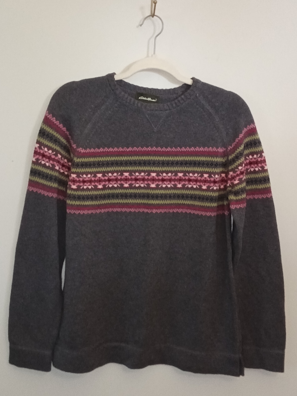 Eddie Bauer Fair Isle Women's Gray Pink Green Pullover Crewneck Sweater Medium